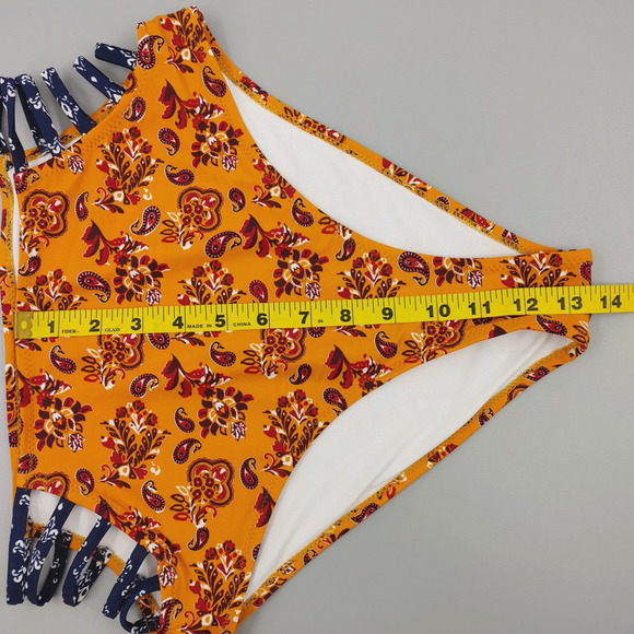 Womens Bikini Bottom Medium Orange Paisley High Waist Strappy Sides Boho Chic - Picture 9 of 9